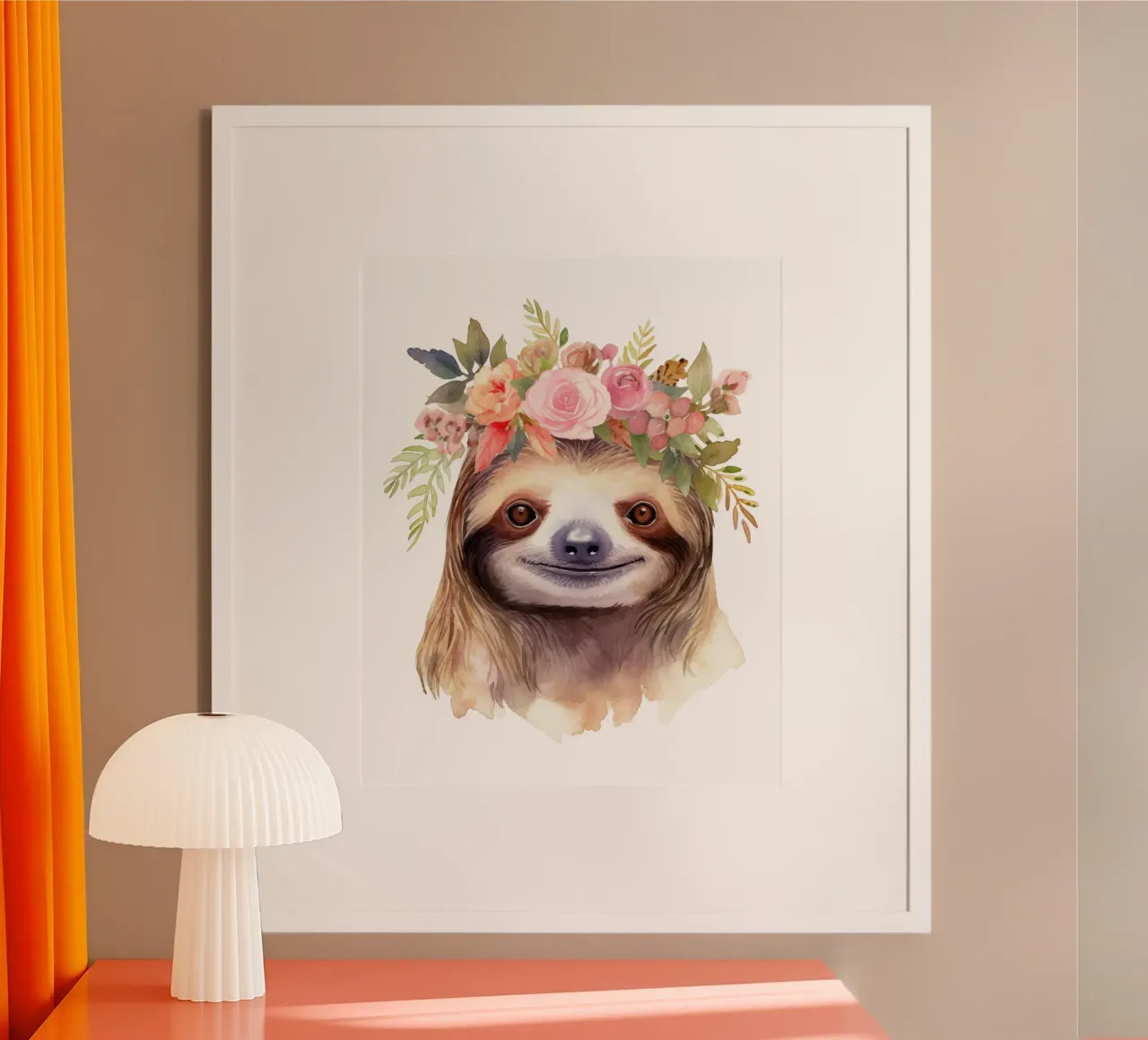 Simpatico bradipo acquerellato con corona di fiori, stampa per bambini della scuola materna poster con telaio in plastica da Little Lila