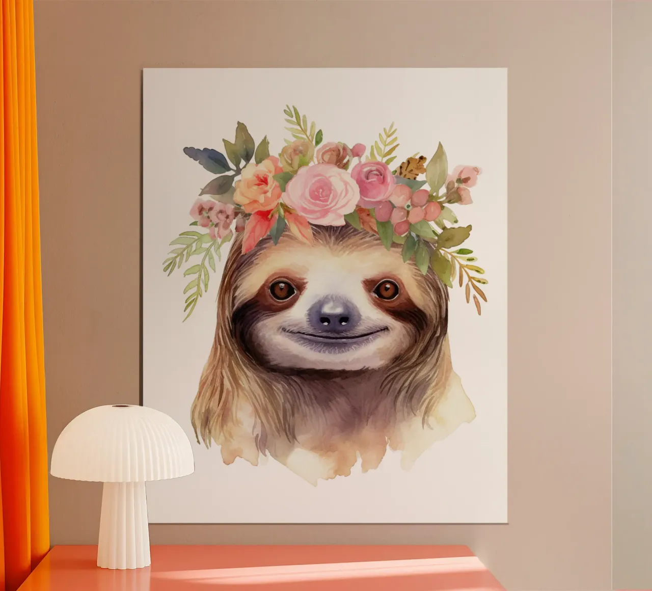 Simpatico bradipo acquerellato con corona di fiori, stampa per bambini della scuola materna poster con telaio in plastica da Little Lila