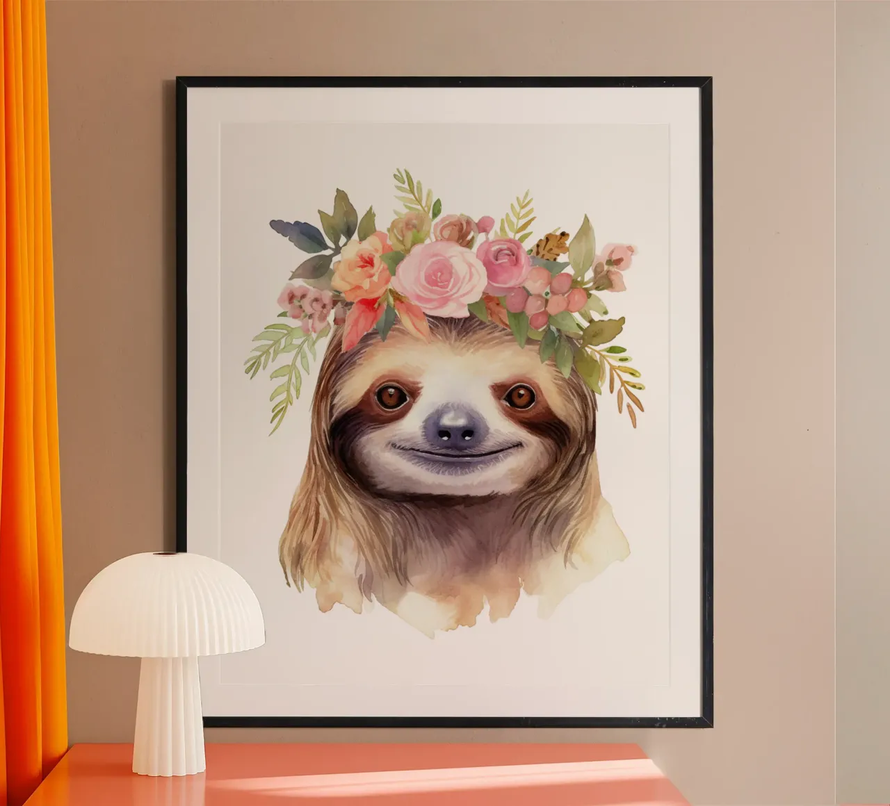 Simpatico bradipo acquerellato con corona di fiori, stampa per bambini della scuola materna poster con telaio in plastica da Little Lila