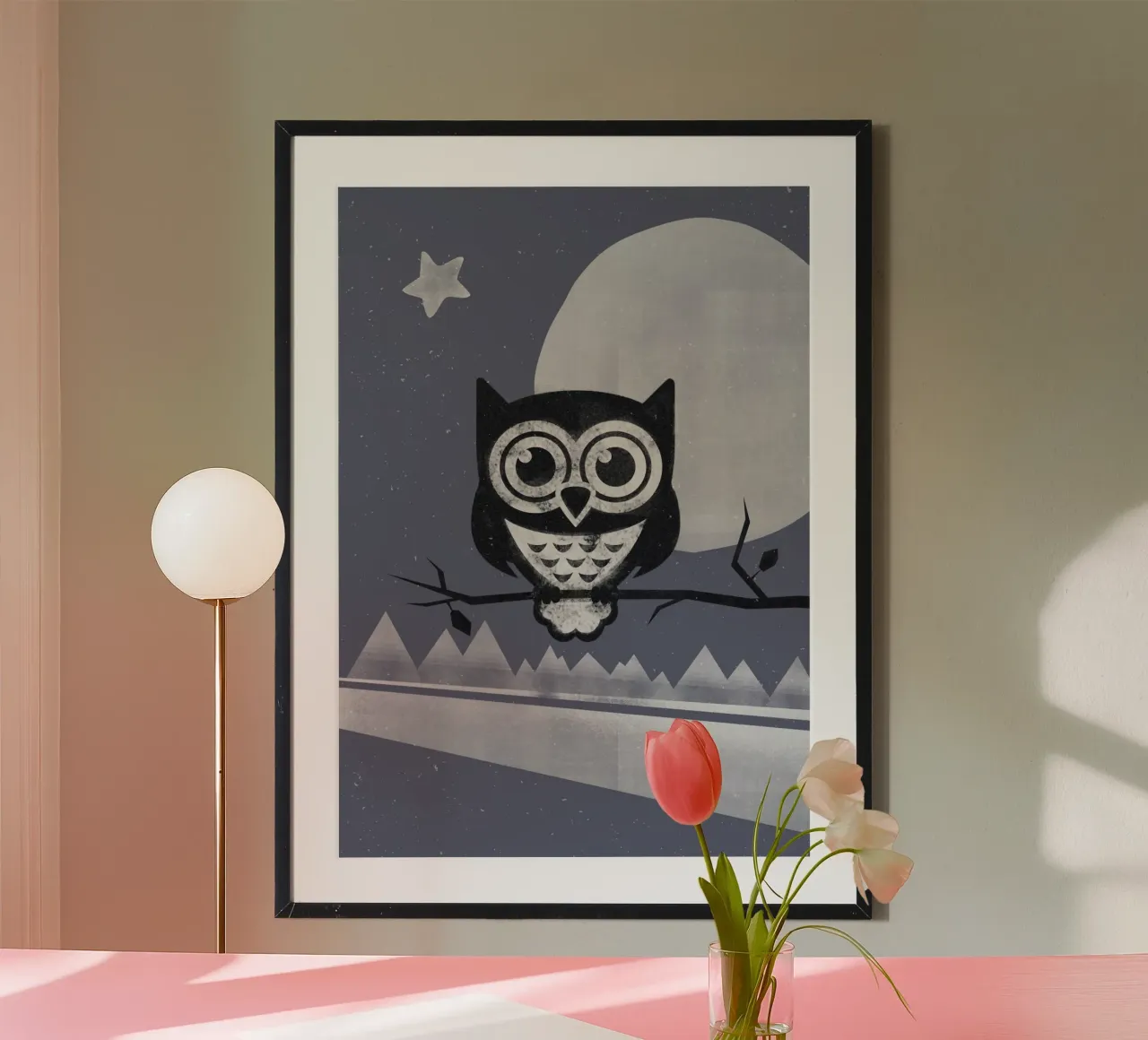 Winter Eule poster con telaio in legno da lazydaypaper