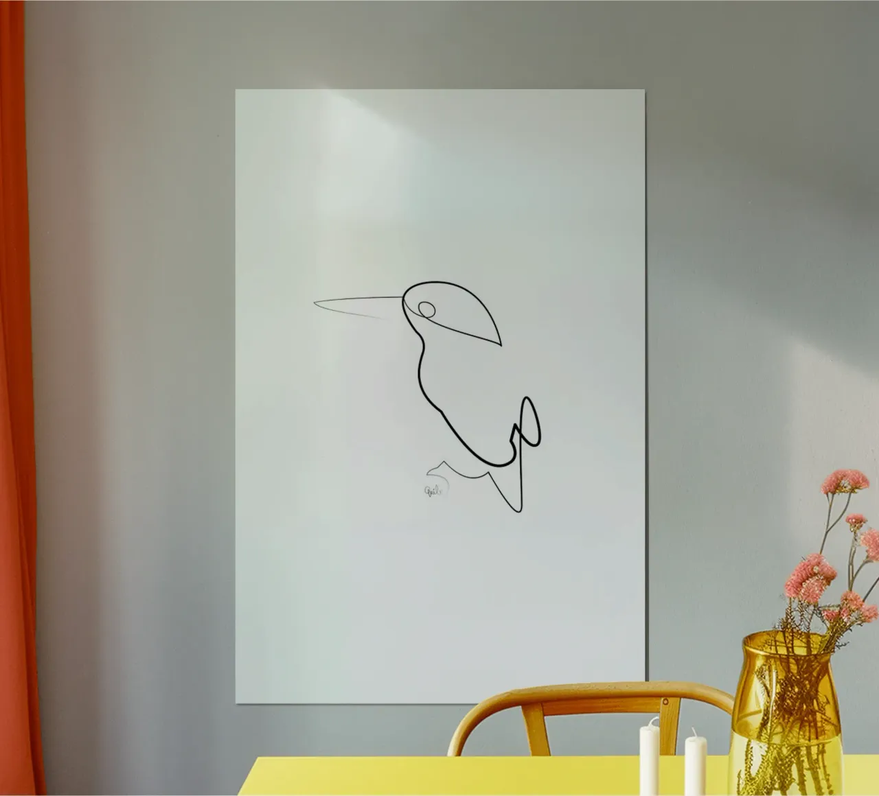 One Line Night Bird poster con telaio in alluminio da Quibe
