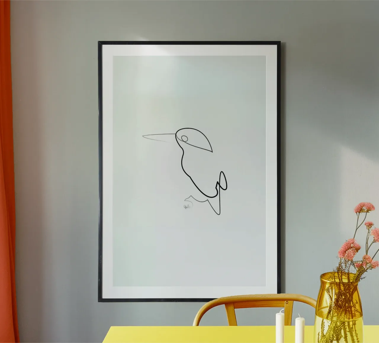 One Line Night Bird poster con telaio in alluminio da Quibe