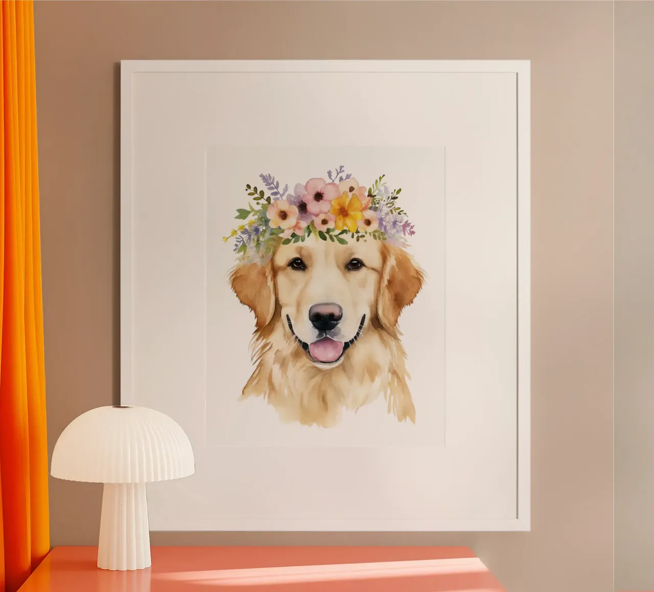 Golden Retriever con corona di fiori, arte da parete per amanti dei cani poster con telaio in plastica da Little Lila