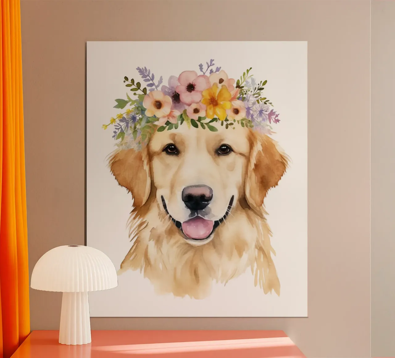 Golden Retriever con corona di fiori, arte da parete per amanti dei cani poster con telaio in plastica da Little Lila