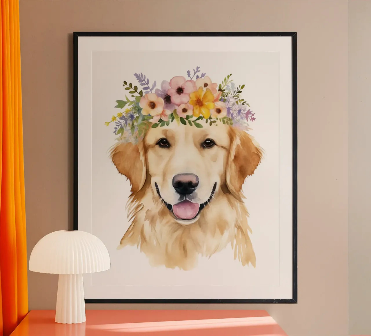 Golden Retriever con corona di fiori, arte da parete per amanti dei cani poster con telaio in plastica da Little Lila