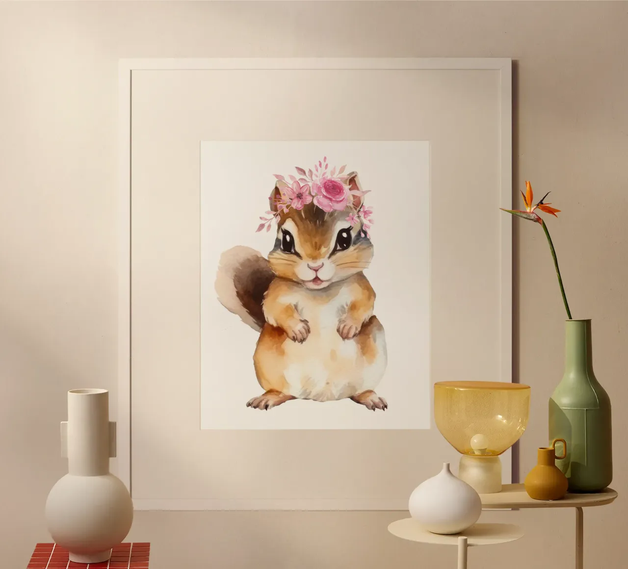 Simpatico scoiattolo acquerellato con corona di fiori, cameretta per bambini poster con telaio in alluminio da Little Lila