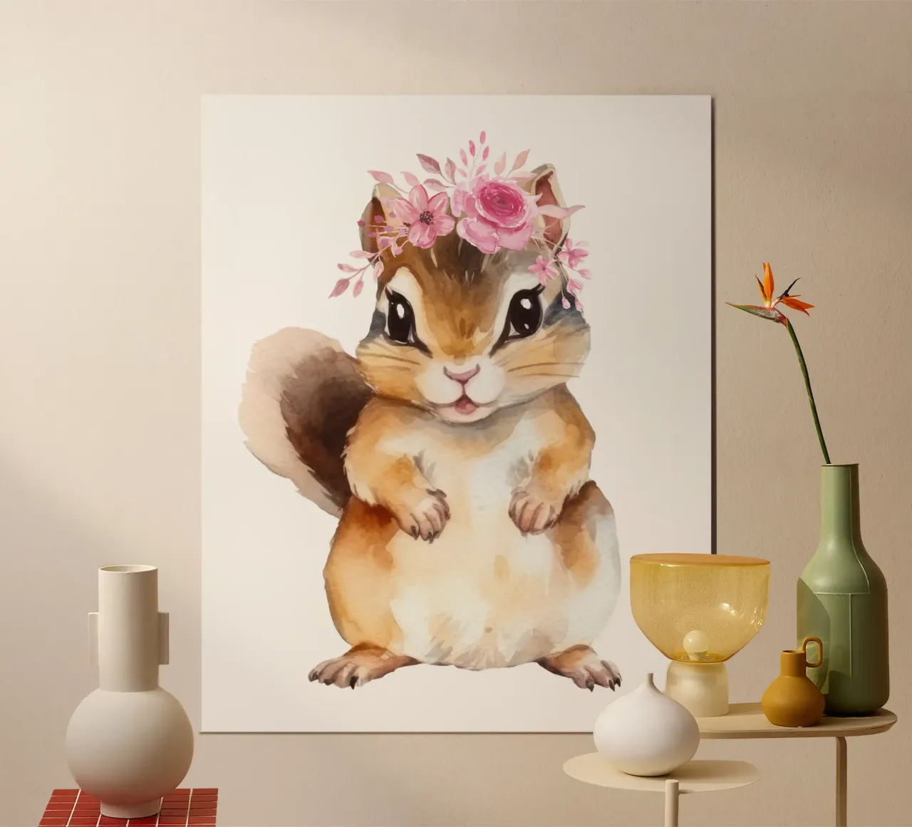 Simpatico scoiattolo acquerellato con corona di fiori, cameretta per bambini poster con telaio in alluminio da Little Lila