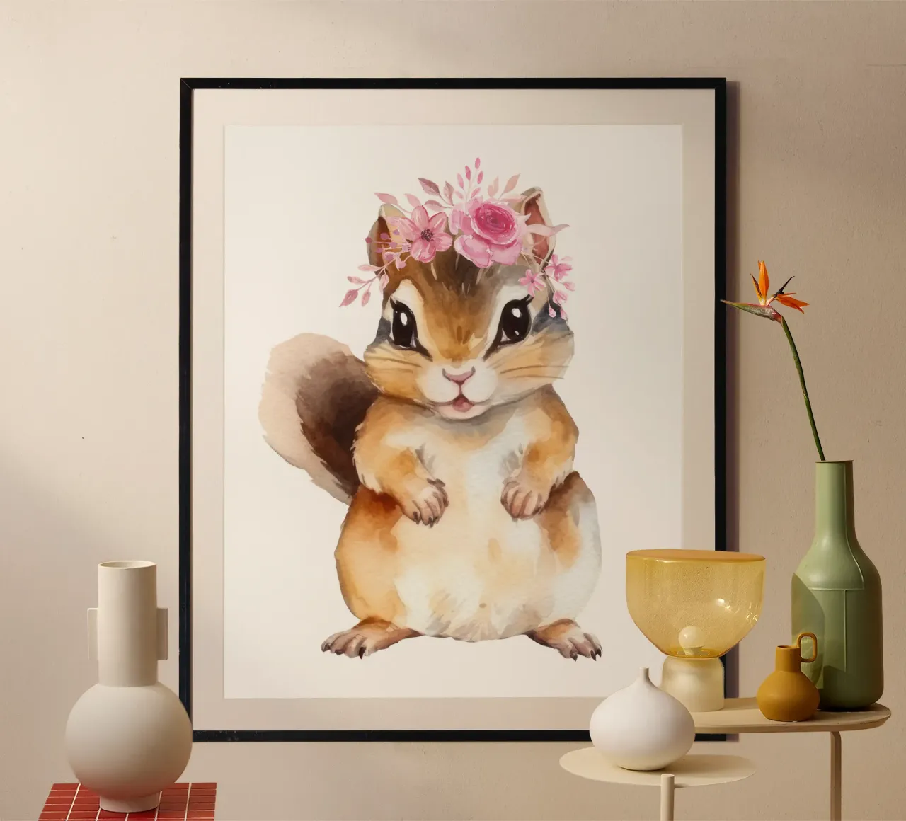 Simpatico scoiattolo acquerellato con corona di fiori, cameretta per bambini poster con telaio in alluminio da Little Lila