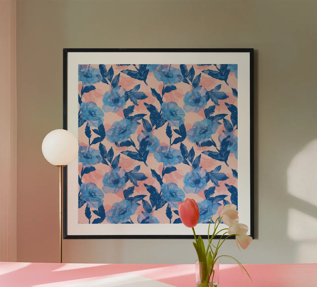 Stampa floreale blu poster con telaio in alluminio da Cat Grafic Design