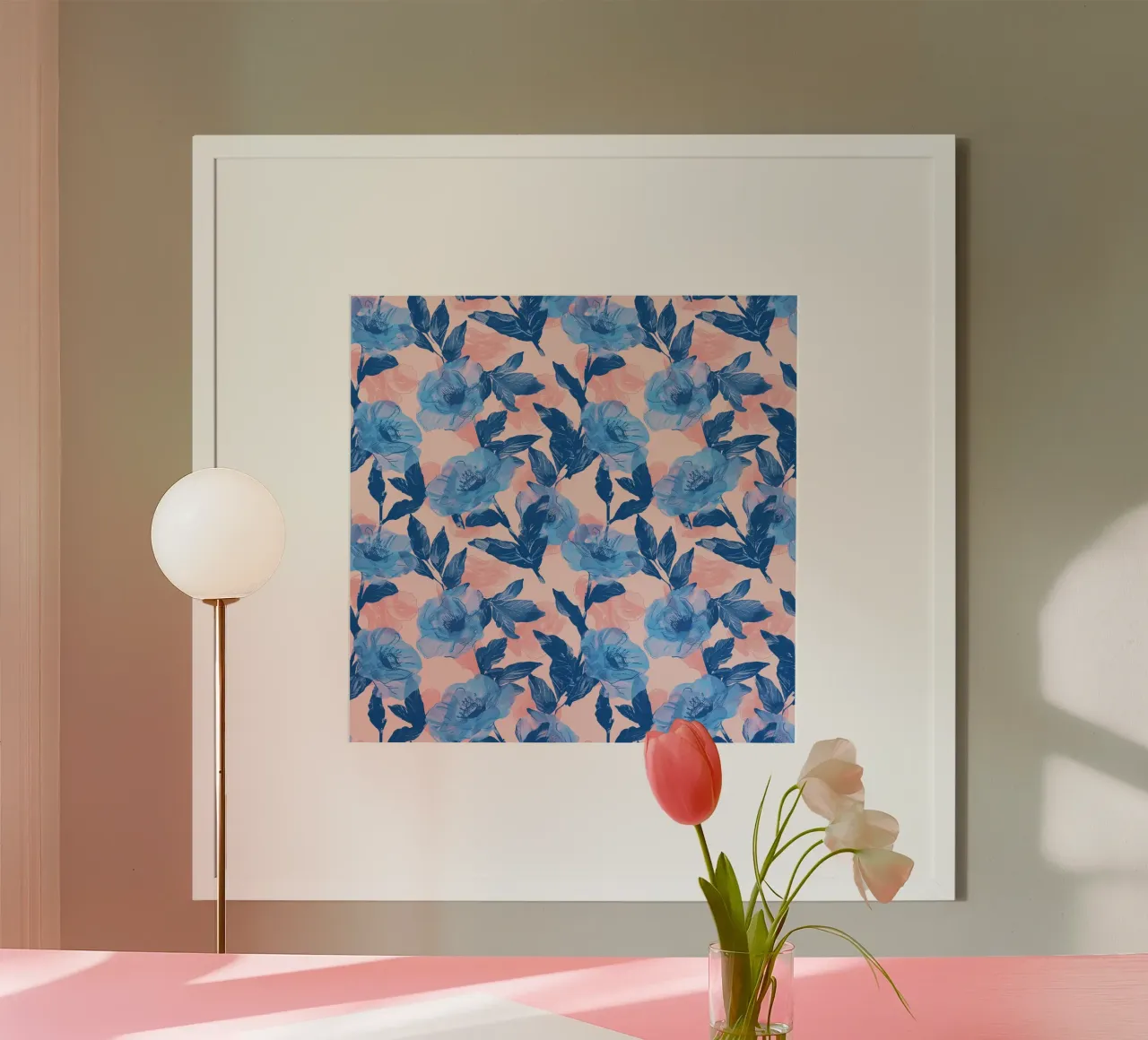 Stampa floreale blu poster con telaio in alluminio da Cat Grafic Design