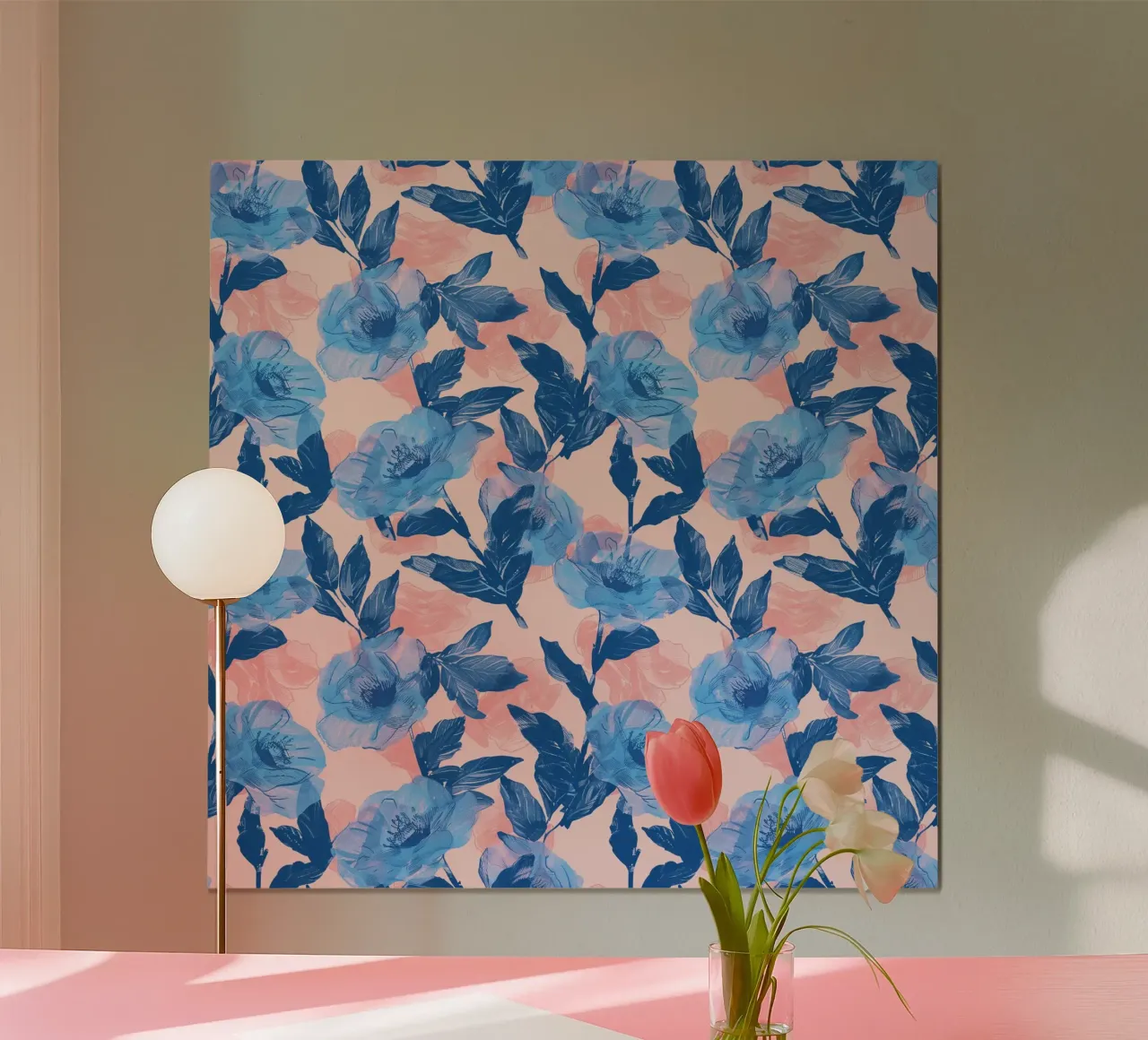 Stampa floreale blu poster con telaio in alluminio da Cat Grafic Design