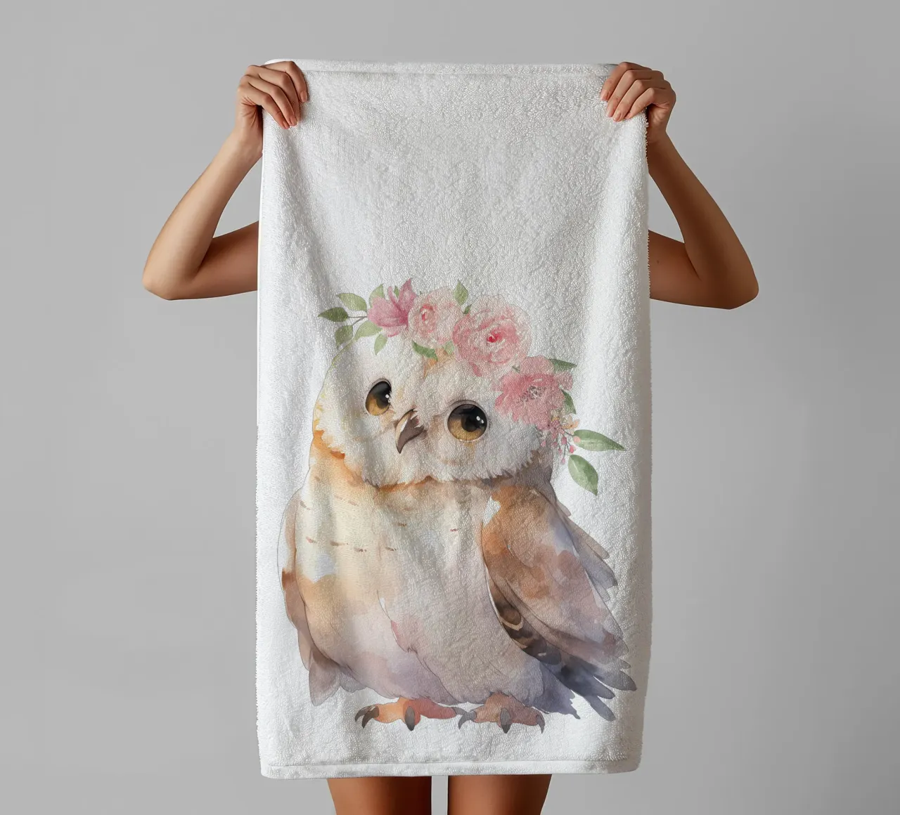Impresión en acuarela de un simpático búho, impresión de una corona de flores toalla de baño de Little Lila