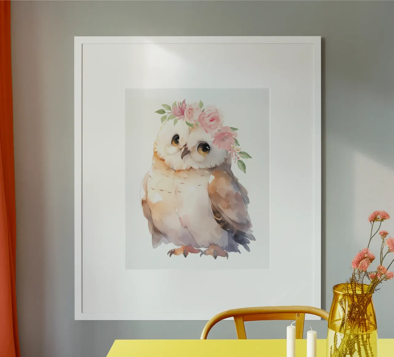 Impresión en acuarela de un simpático búho, impresión de una corona de flores poster con marco de aluminio de Little Lila