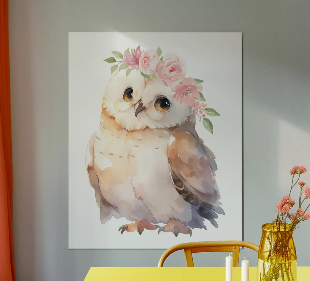Impresión en acuarela de un simpático búho, impresión de una corona de flores poster con marco de aluminio de Little Lila