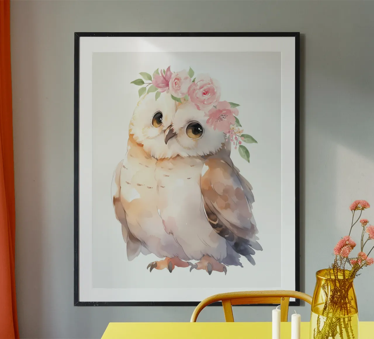 Impresión en acuarela de un simpático búho, impresión de una corona de flores poster con marco de aluminio de Little Lila