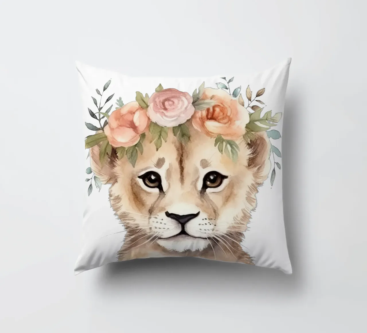 Illustrazione ad acquerello di un cucciolo di leone carino con corona di fiori cuscino da Little Lila