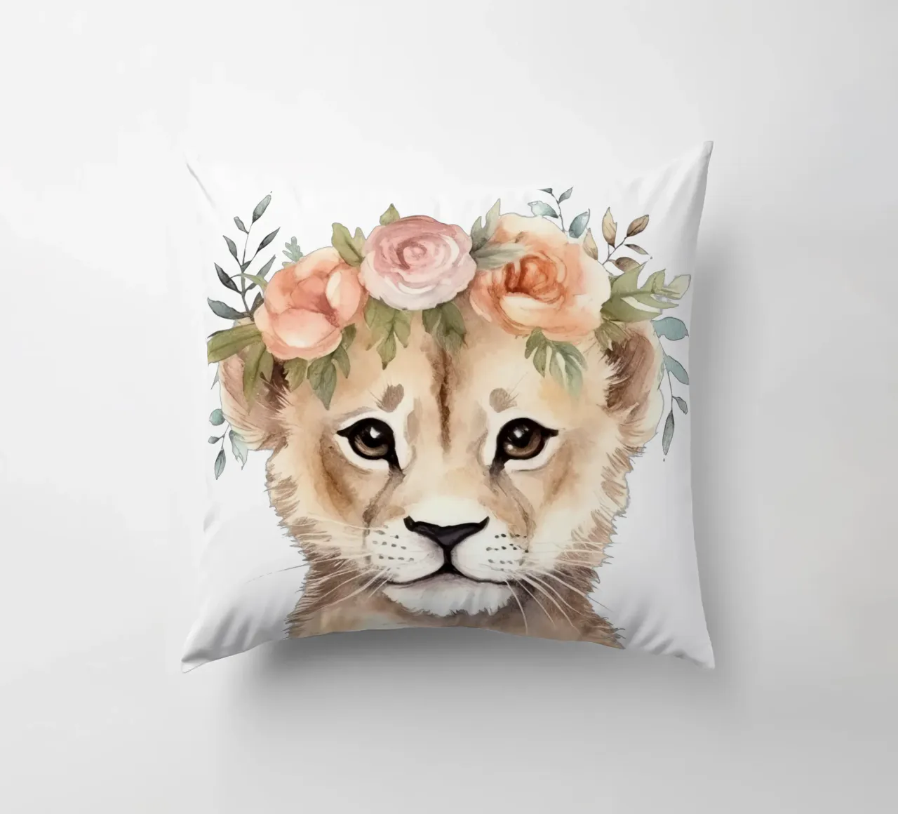 Illustrazione ad acquerello di un cucciolo di leone carino con corona di fiori cuscino da Little Lila
