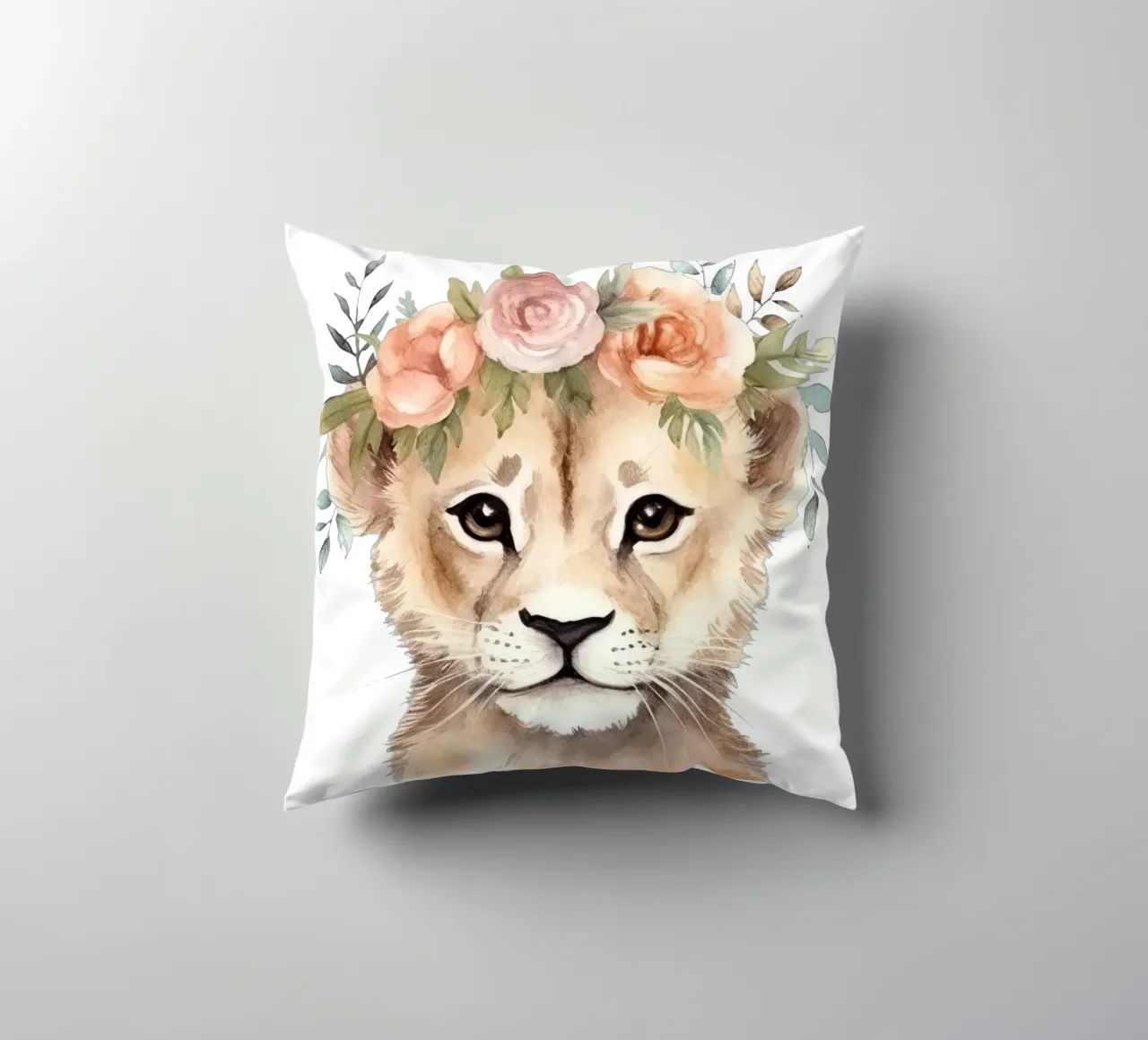Illustrazione ad acquerello di un cucciolo di leone carino con corona di fiori cuscino da Little Lila