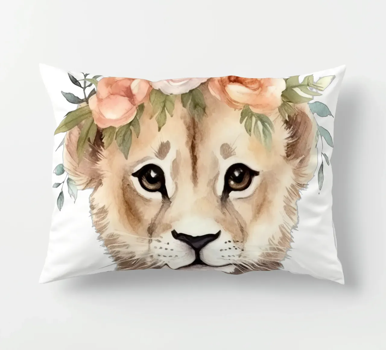 Illustrazione ad acquerello di un cucciolo di leone carino con corona di fiori cuscino da Little Lila