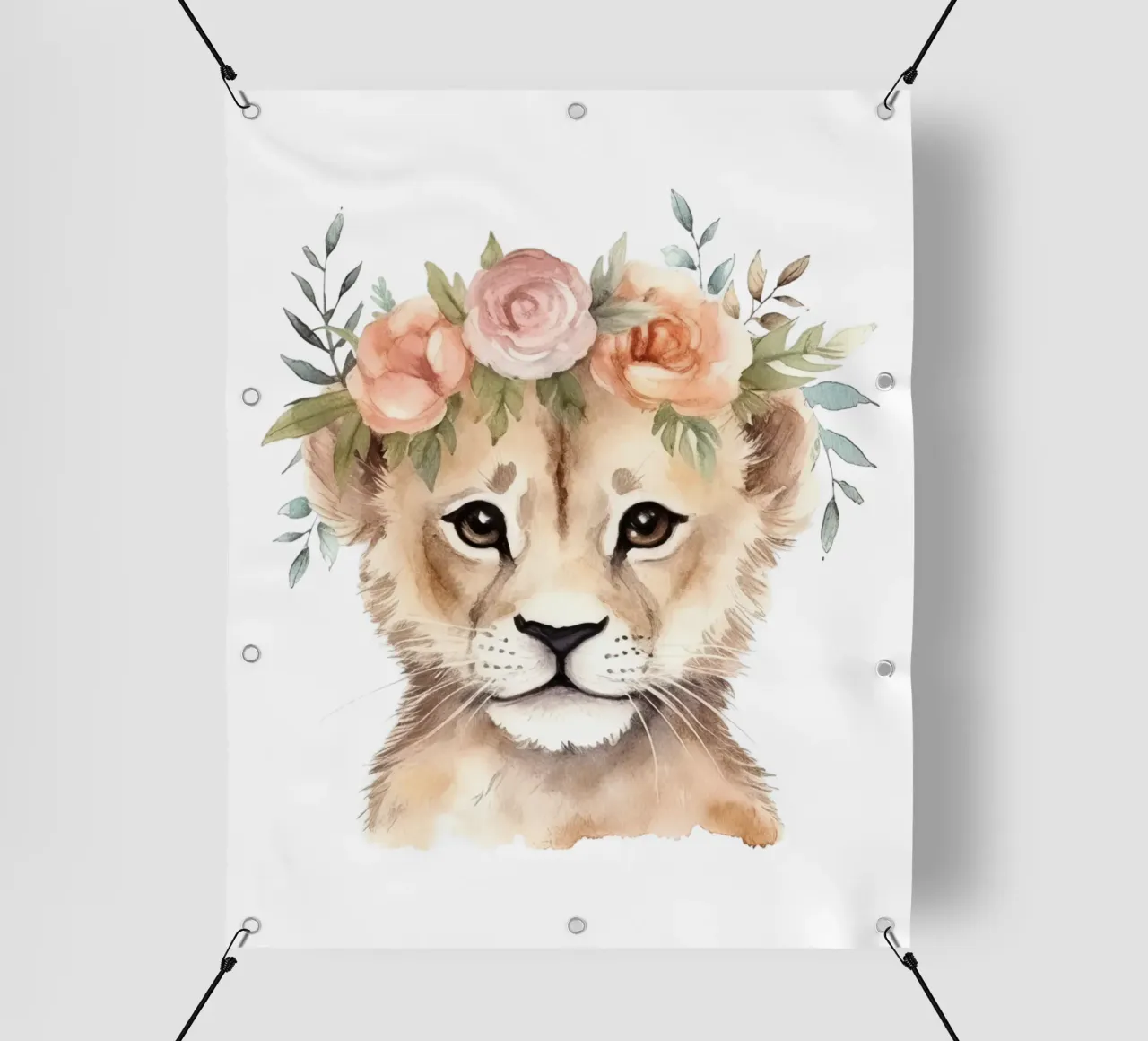 Illustrazione ad acquerello di un cucciolo di leone carino con corona di fiori telo in pvc da Little Lila