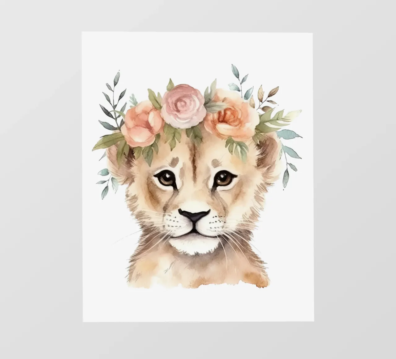 Illustrazione ad acquerello di un cucciolo di leone carino con corona di fiori telo in pvc da Little Lila
