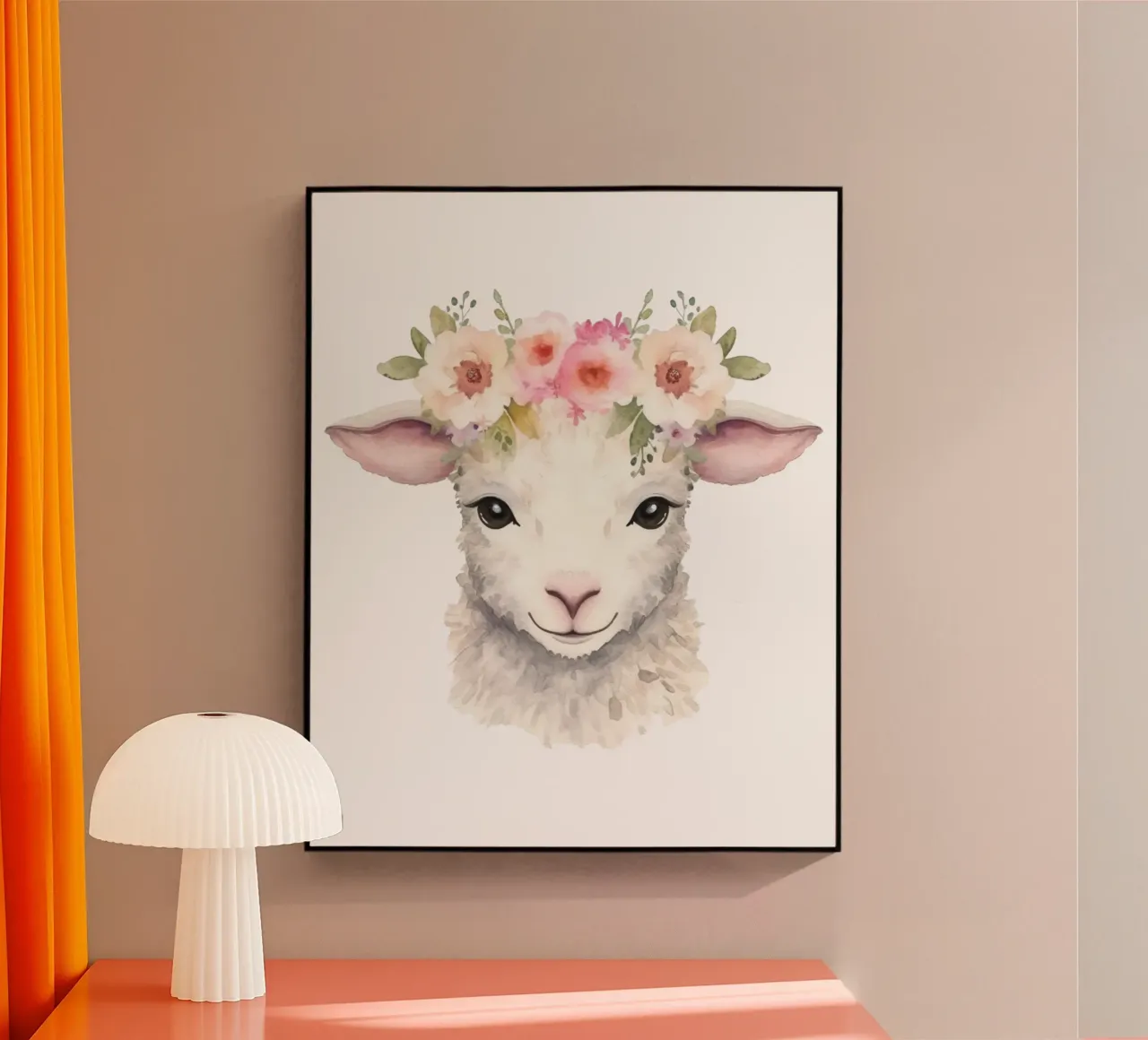 Cute Animal Print with Flower Crown, Lamb Illustration acrylic glass by Little Lila
