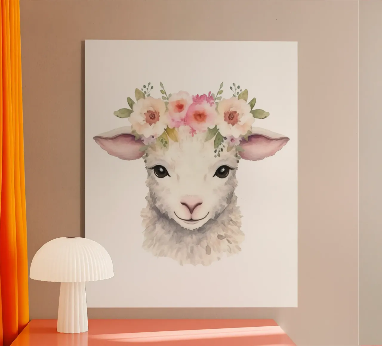 Cute Animal Print with Flower Crown, Lamb Illustration acrylic glass by Little Lila