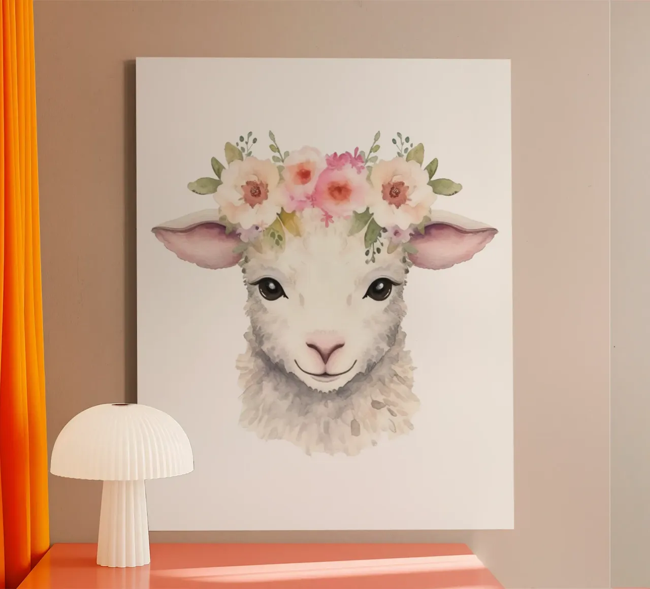 Schattige Dierenafdruk met Bloemkroon, Lammerenillustratie canvas van Little Lila