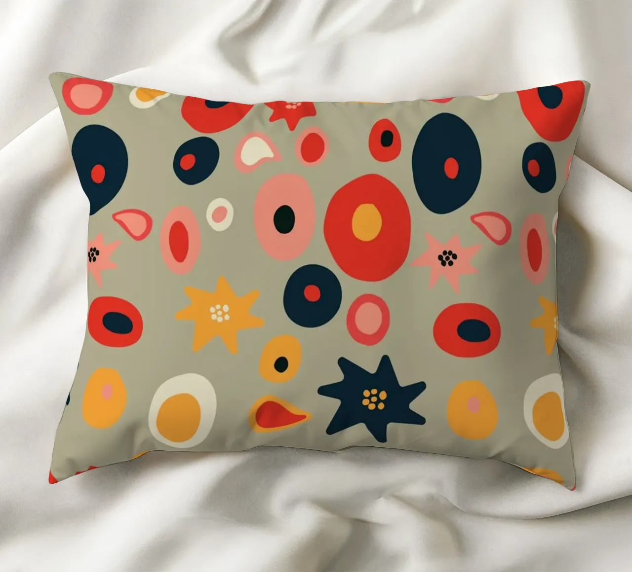 Playful flower and shape pattern in red and gold decorative cushion by Spunk