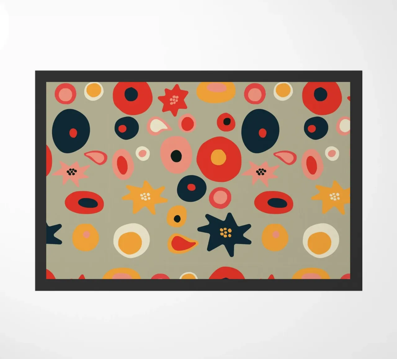 Playful flower and shape pattern in red and gold doormat by Spunk