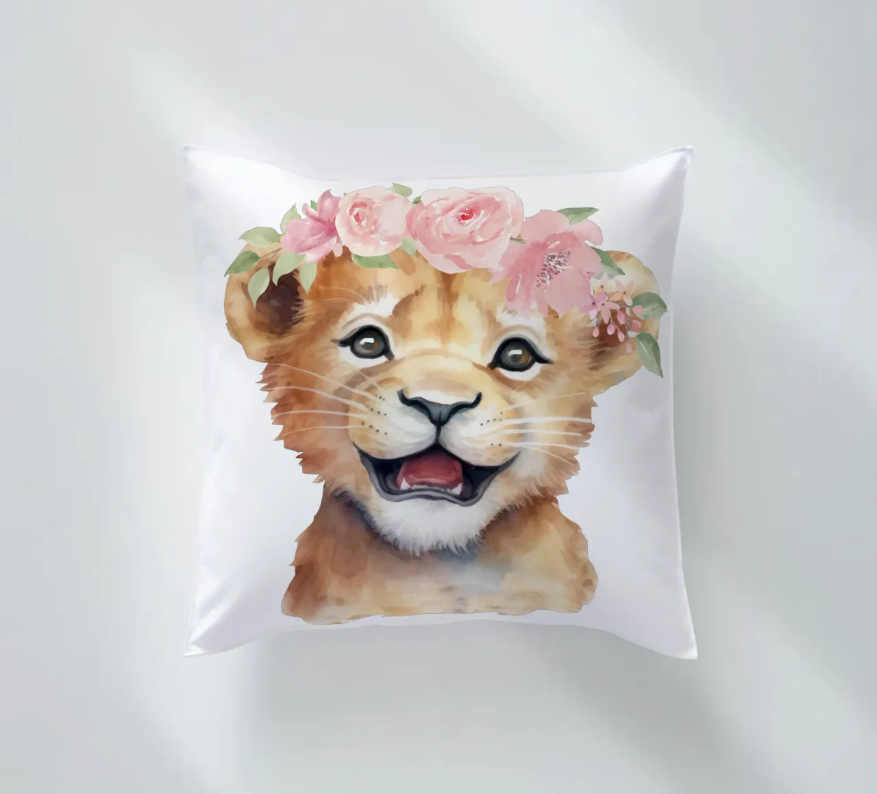 Stampa di un cucciolo di leone con corona di fiori Adorabile stampa per l'asilo nido cuscino da Little Lila