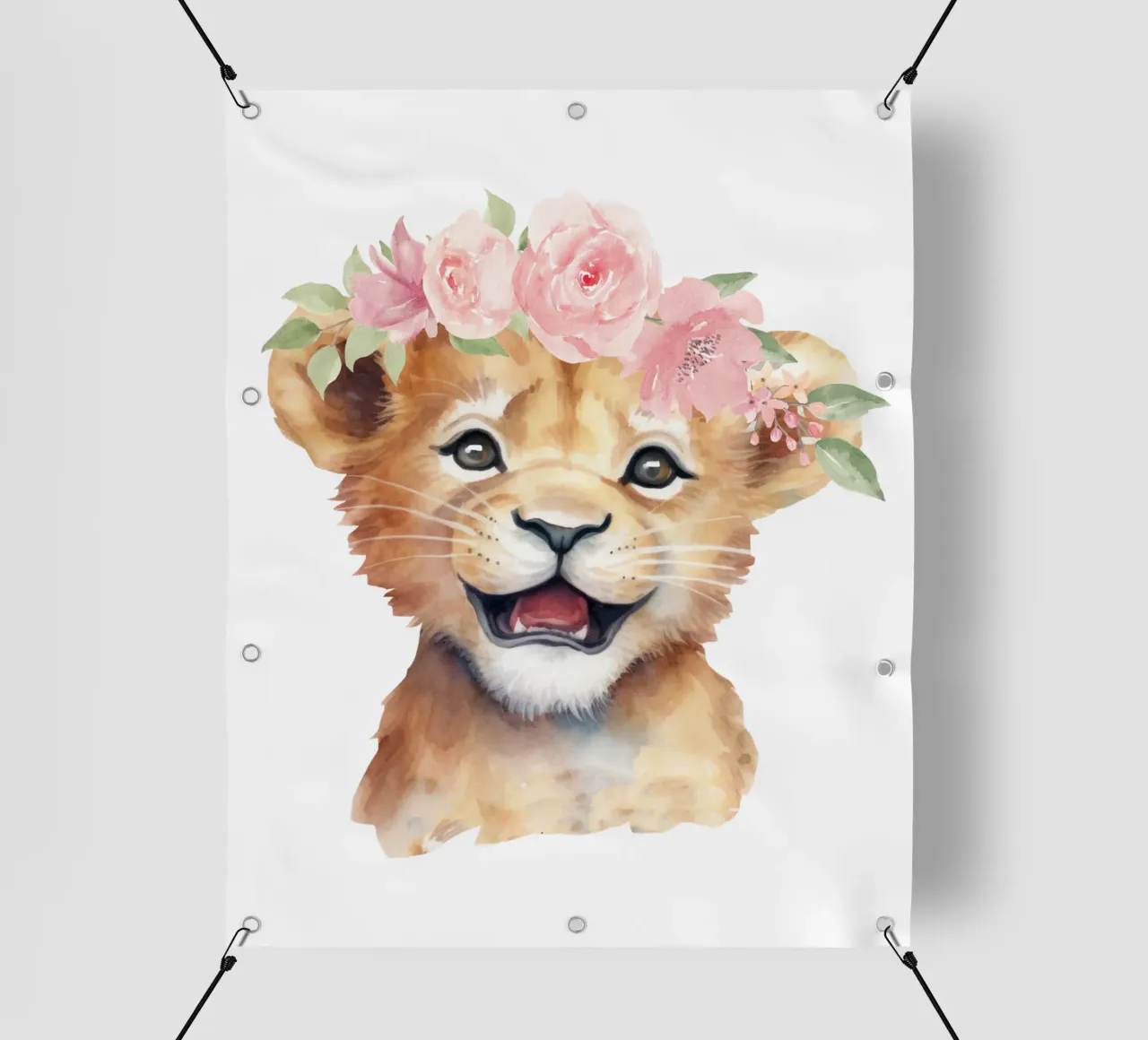 Schattige Leeuwenwelpje Print met Bloemenkroon Schattige Kinderkamer Print pvc-zeil van Little Lila
