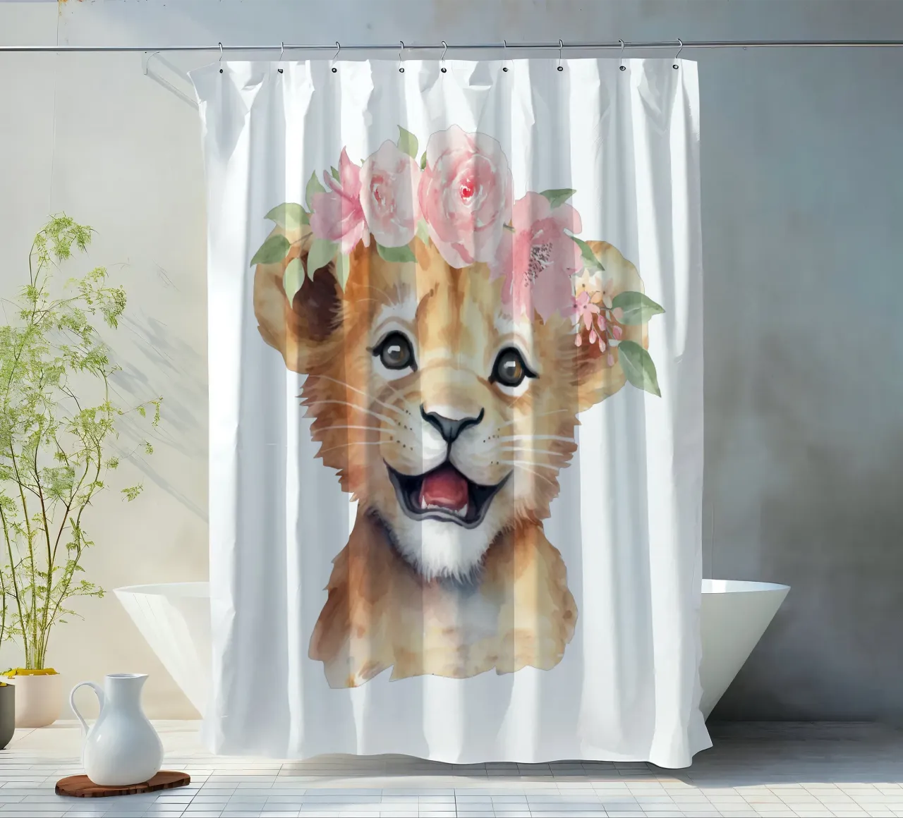 Schattige Leeuwenwelpje Print met Bloemenkroon Schattige Kinderkamer Print douchegordijn van Little Lila