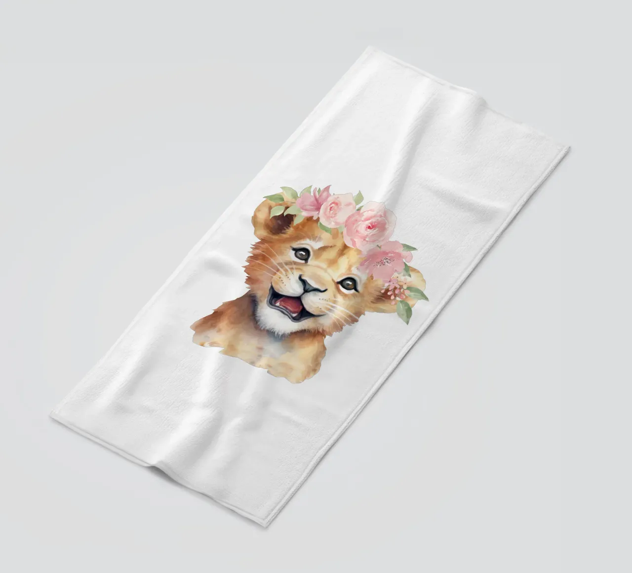 Schattige Leeuwenwelpje Print met Bloemenkroon Schattige Kinderkamer Print strandhanddoek van Little Lila