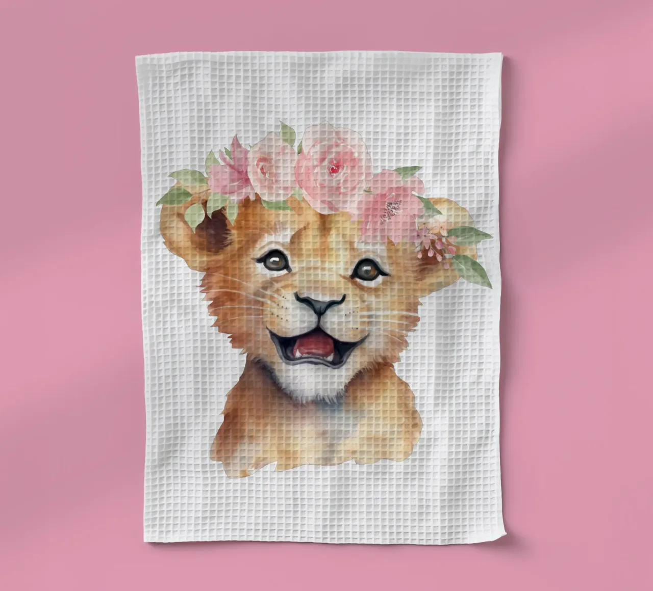 Schattige Leeuwenwelpje Print met Bloemenkroon Schattige Kinderkamer Print theedoek van Little Lila