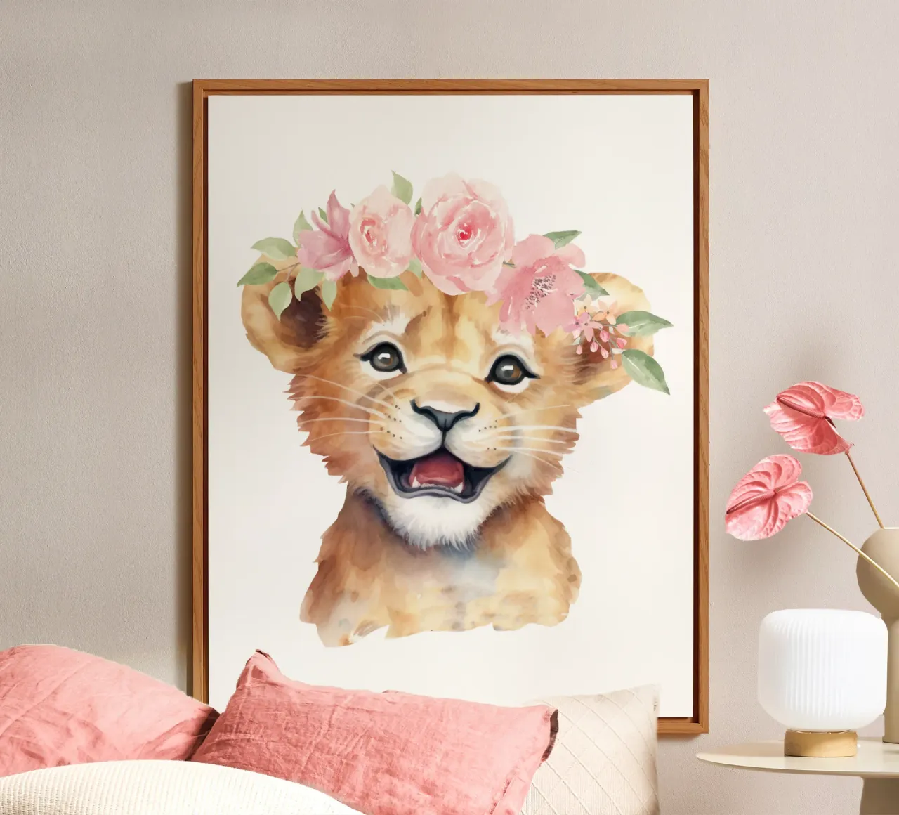 Schattige Leeuwenwelpje Print met Bloemenkroon Schattige Kinderkamer Print aluminium-dibond van Little Lila