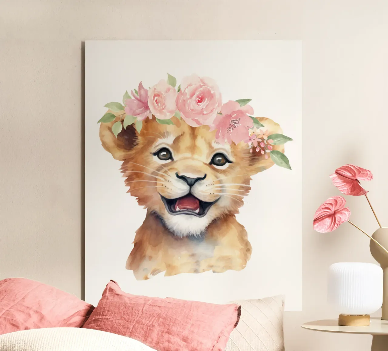 Schattige Leeuwenwelpje Print met Bloemenkroon Schattige Kinderkamer Print aluminium-dibond van Little Lila