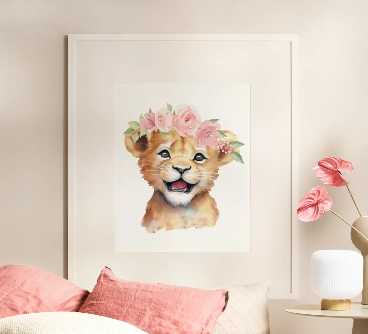 Schattige Leeuwenwelpje Print met Bloemenkroon Schattige Kinderkamer Print hahnemühle van Little Lila