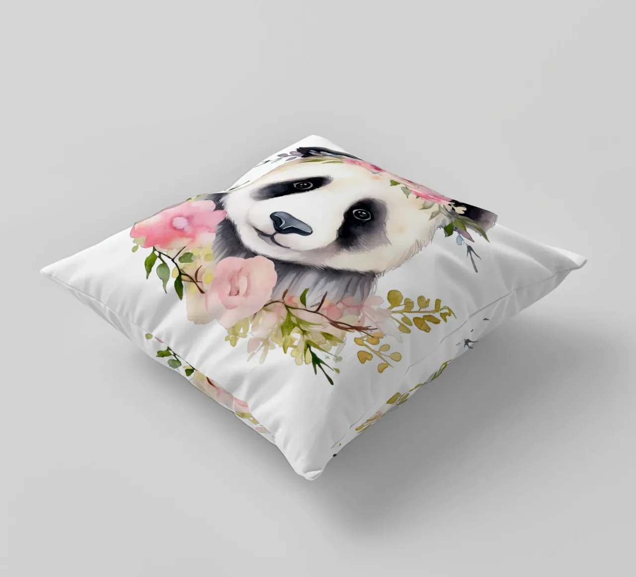 Orso panda con fiori, illustrazione carina per la stanza dei bambini cuscino da Little Lila