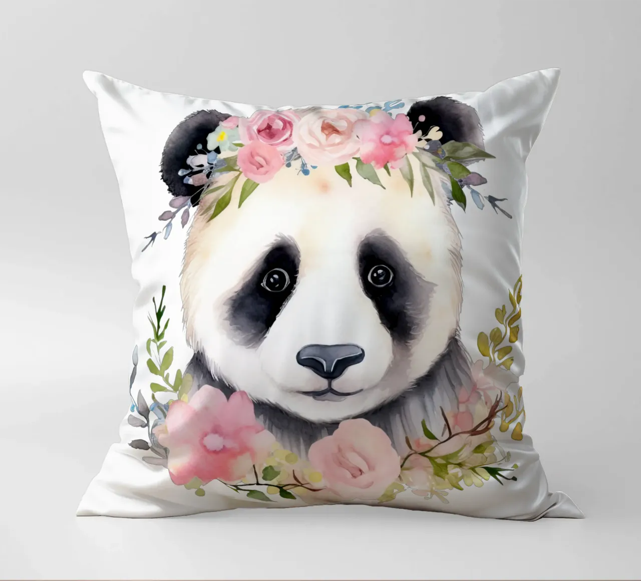 Orso panda con fiori, illustrazione carina per la stanza dei bambini cuscino da Little Lila