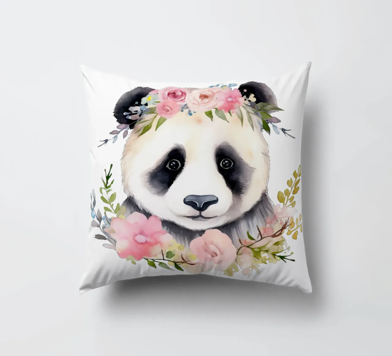 Orso panda con fiori, illustrazione carina per la stanza dei bambini cuscino da Little Lila
