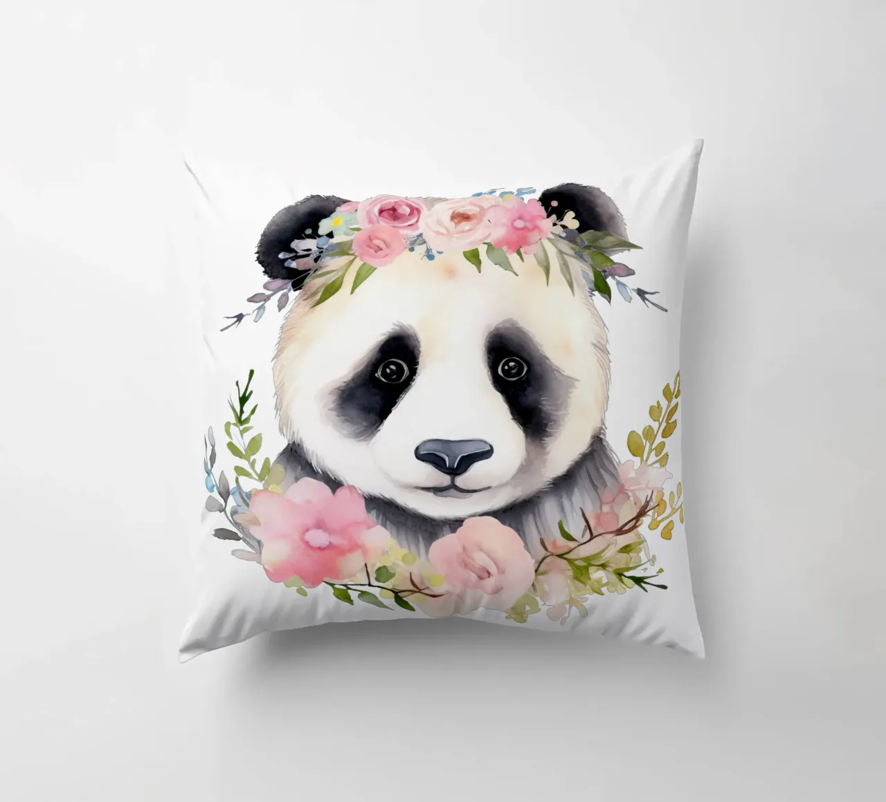 Orso panda con fiori, illustrazione carina per la stanza dei bambini cuscino da Little Lila