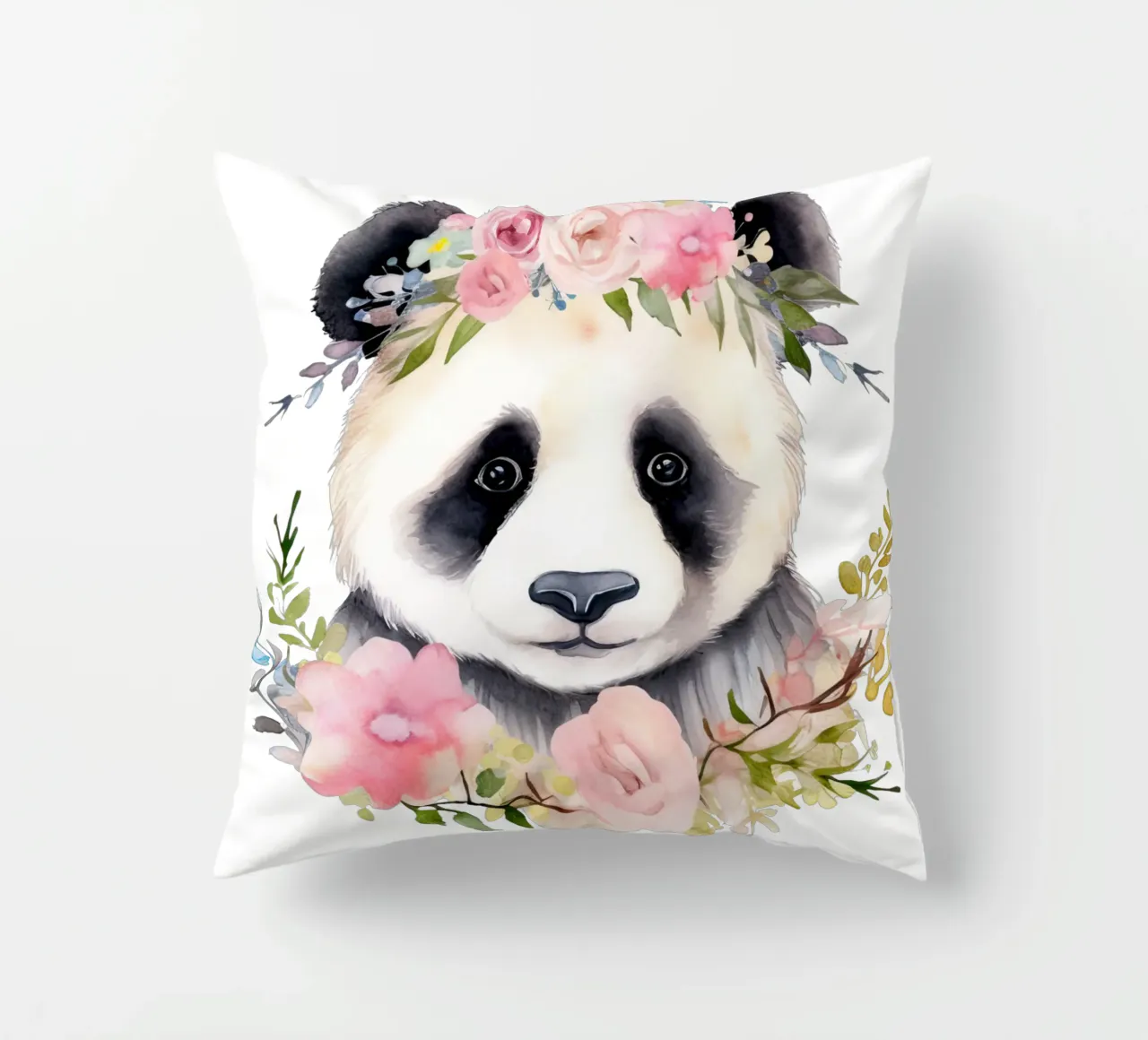 Orso panda con fiori, illustrazione carina per la stanza dei bambini cuscino da Little Lila