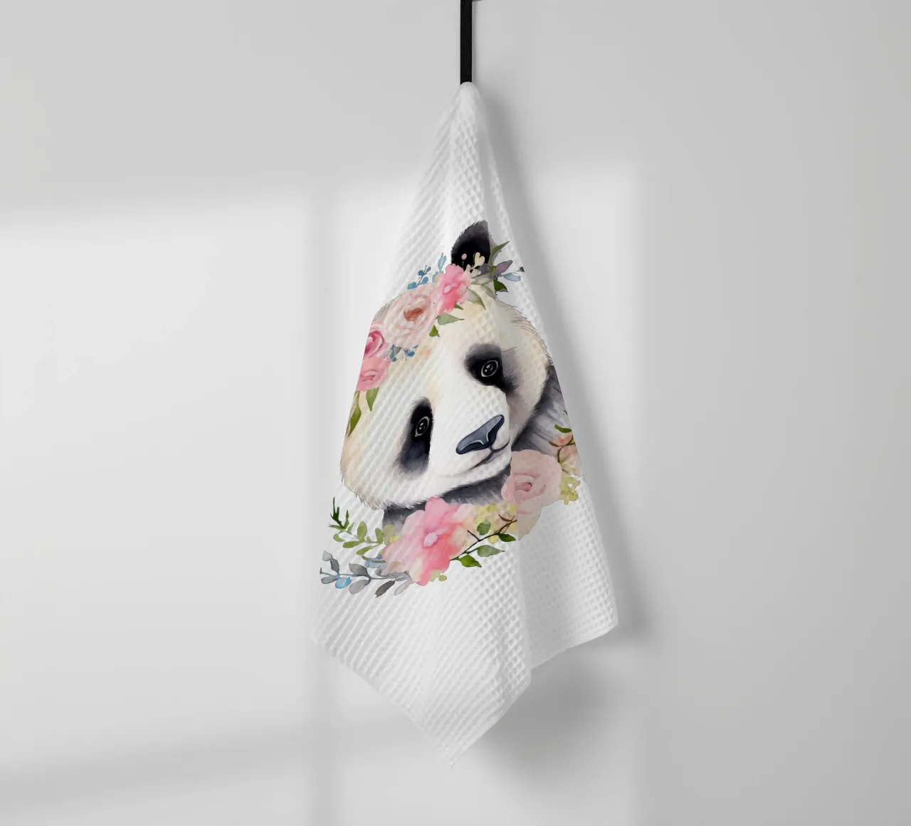 Orso panda con fiori, illustrazione carina per la stanza dei bambini canovaccio da cucina da Little Lila