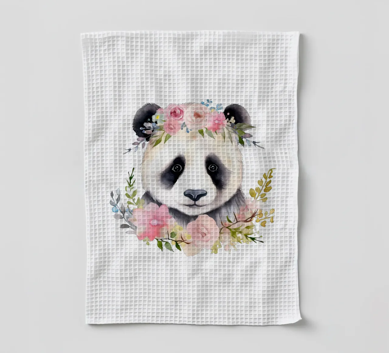 Orso panda con fiori, illustrazione carina per la stanza dei bambini canovaccio da cucina da Little Lila