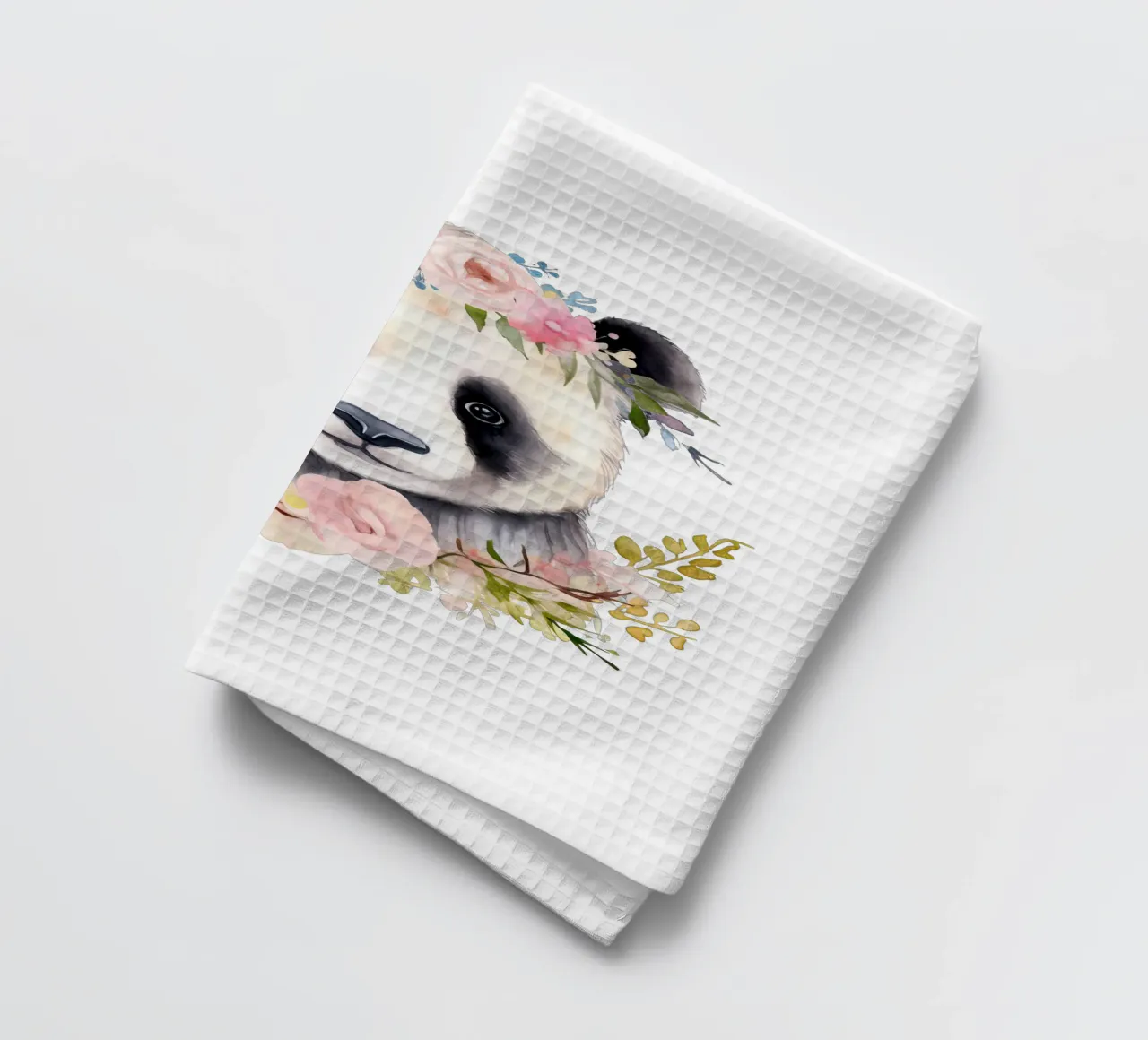 Orso panda con fiori, illustrazione carina per la stanza dei bambini canovaccio da cucina da Little Lila