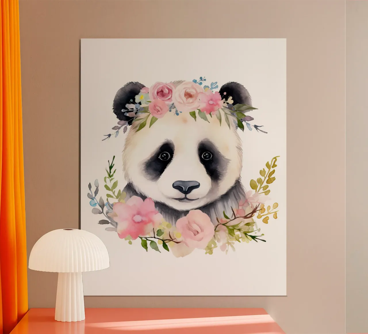 Orso panda con fiori, illustrazione carina per la stanza dei bambini poster con telaio in alluminio da Little Lila