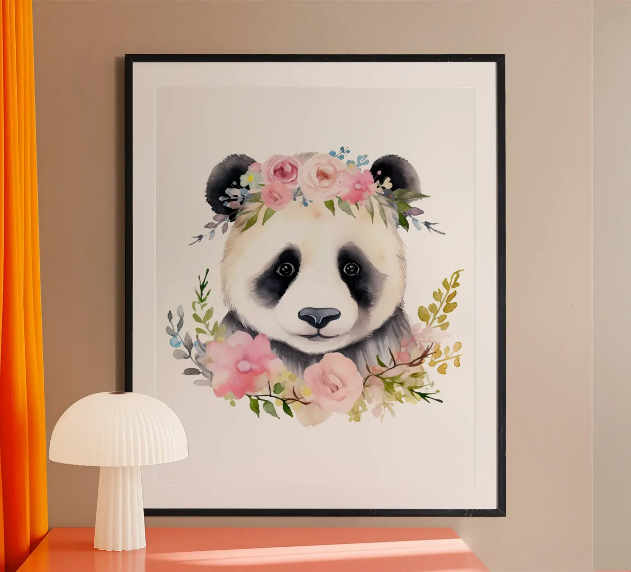 Orso panda con fiori, illustrazione carina per la stanza dei bambini poster con telaio in alluminio da Little Lila