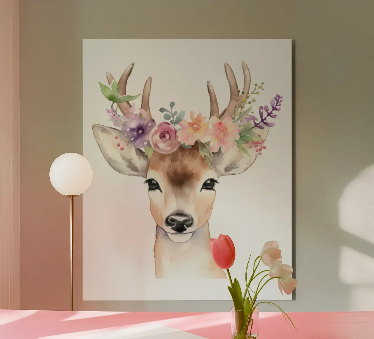 Adorabile illustrazione di cervo con corona di fiori, arte per la camera dei bambini alluminio dibond da Little Lila