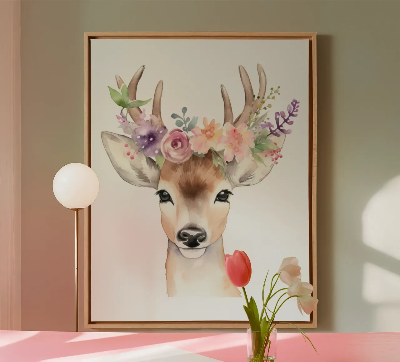 Schattige Herten Illustratie met Bloemenkroon, Kinderkamer Kunst canvas met Baklijst van Little Lila